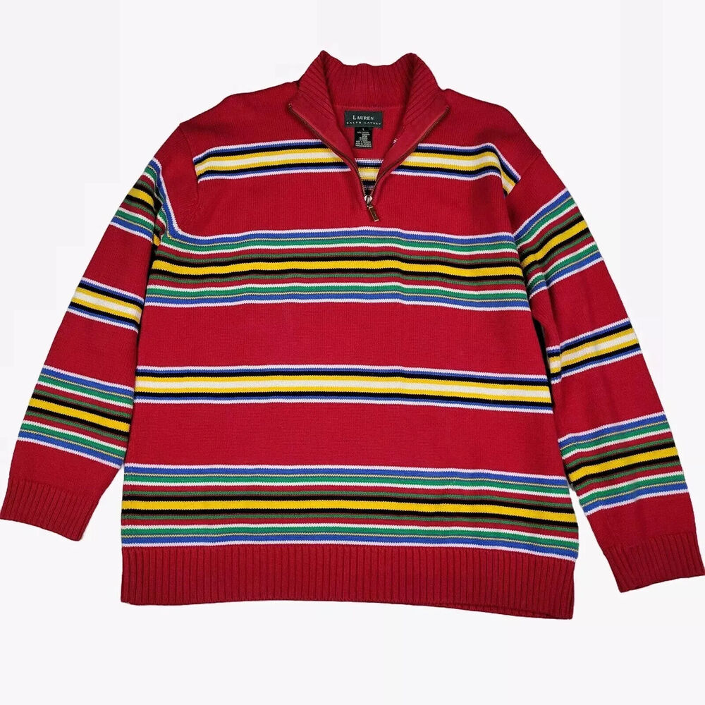 Lauren Ralph Lauren Men's Red Striped Tight Knit 1/4 Zip Sweater Size Large‎